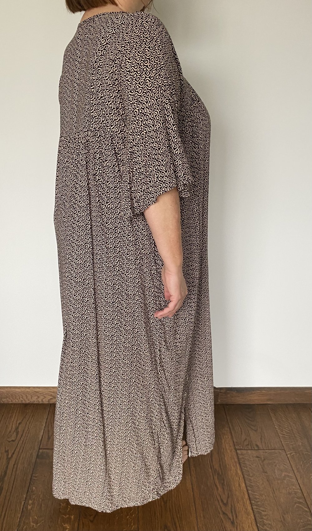 Maxikleid, Ethnomuster, halbarm, schwarz/beige, onesize