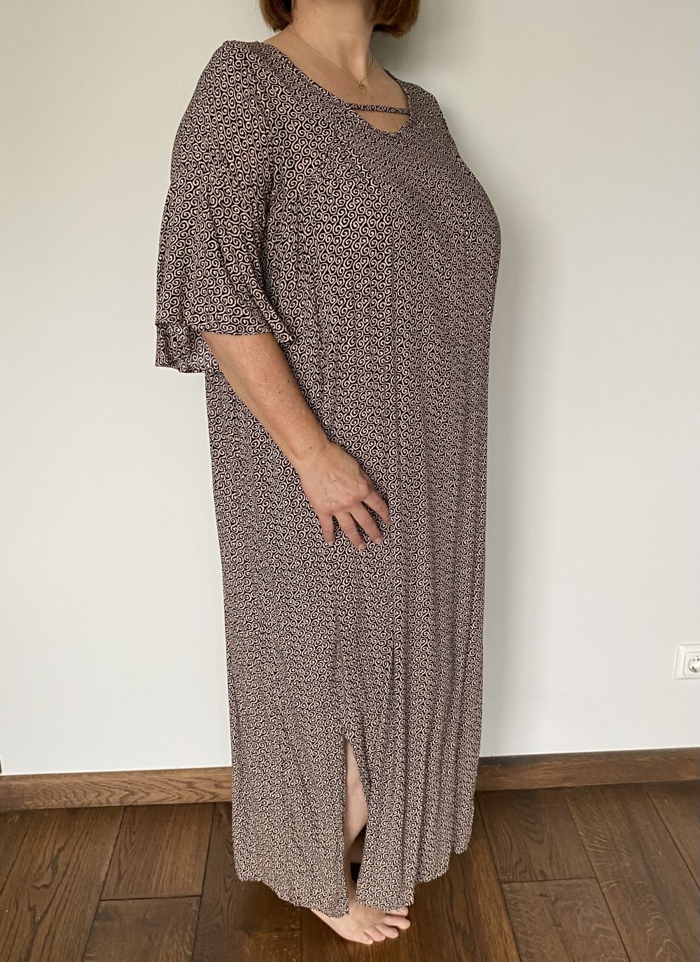 Maxikleid, Ethnomuster, halbarm, schwarz/beige, onesize