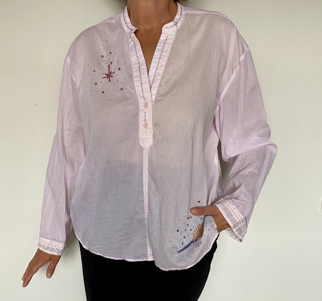 Zara, Bluse, Tunikastyle, rosé, Schmuckperlen, Stickerei, Gr.XL