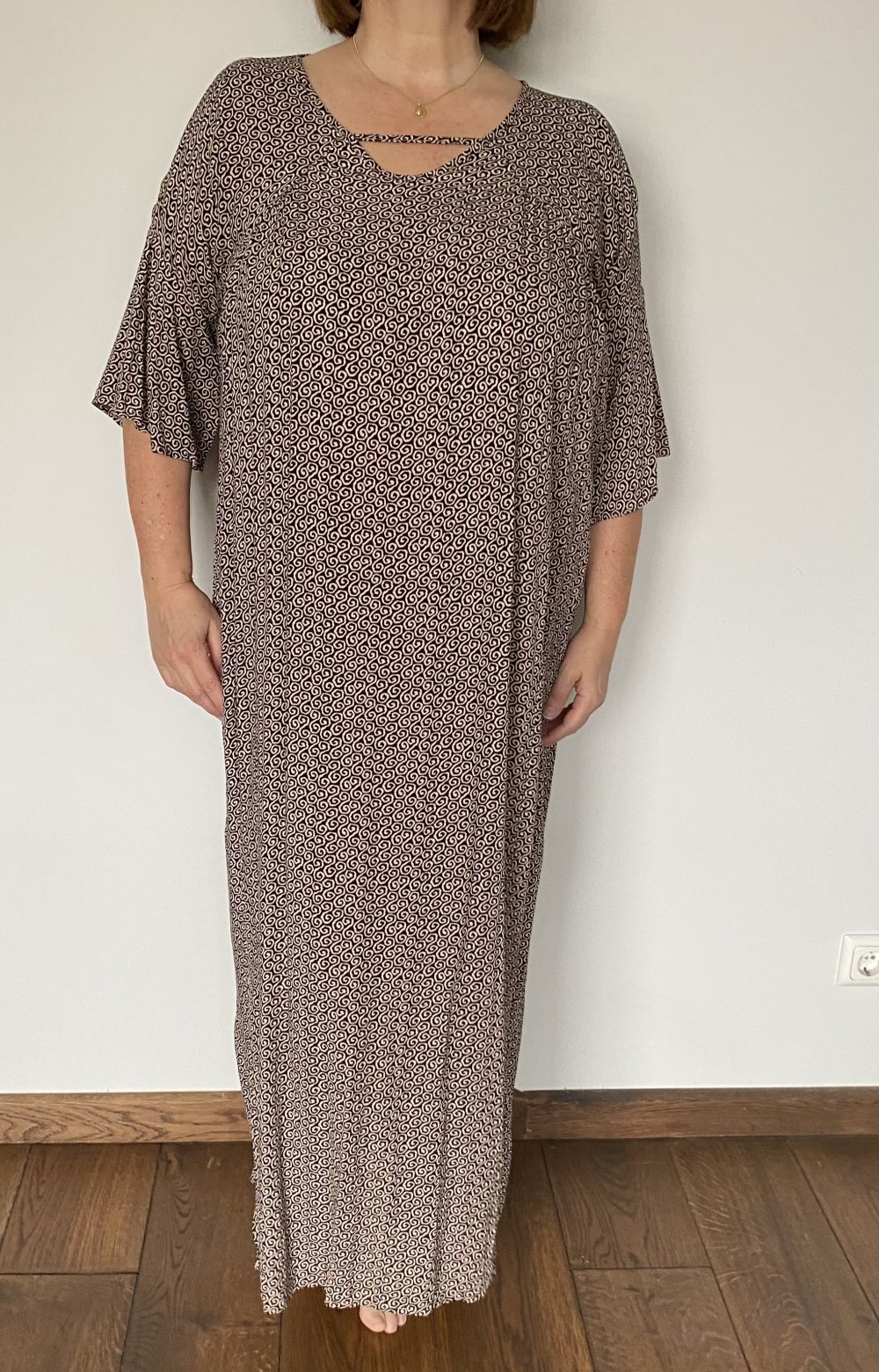 Maxikleid, Ethnomuster, halbarm, schwarz/beige, onesize