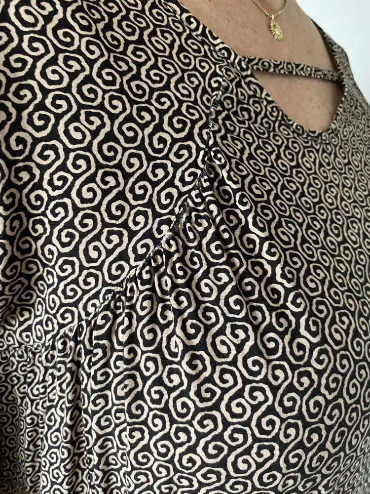 Maxikleid, Ethnomuster, halbarm, schwarz/beige, onesize