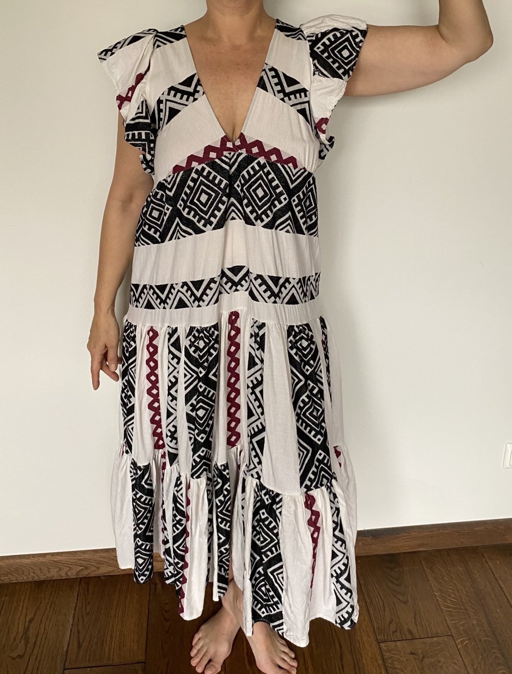 Dixie, Kleid, Maxilänge, Geo-Muster, weiß/schwarz/ rot, Gr. M