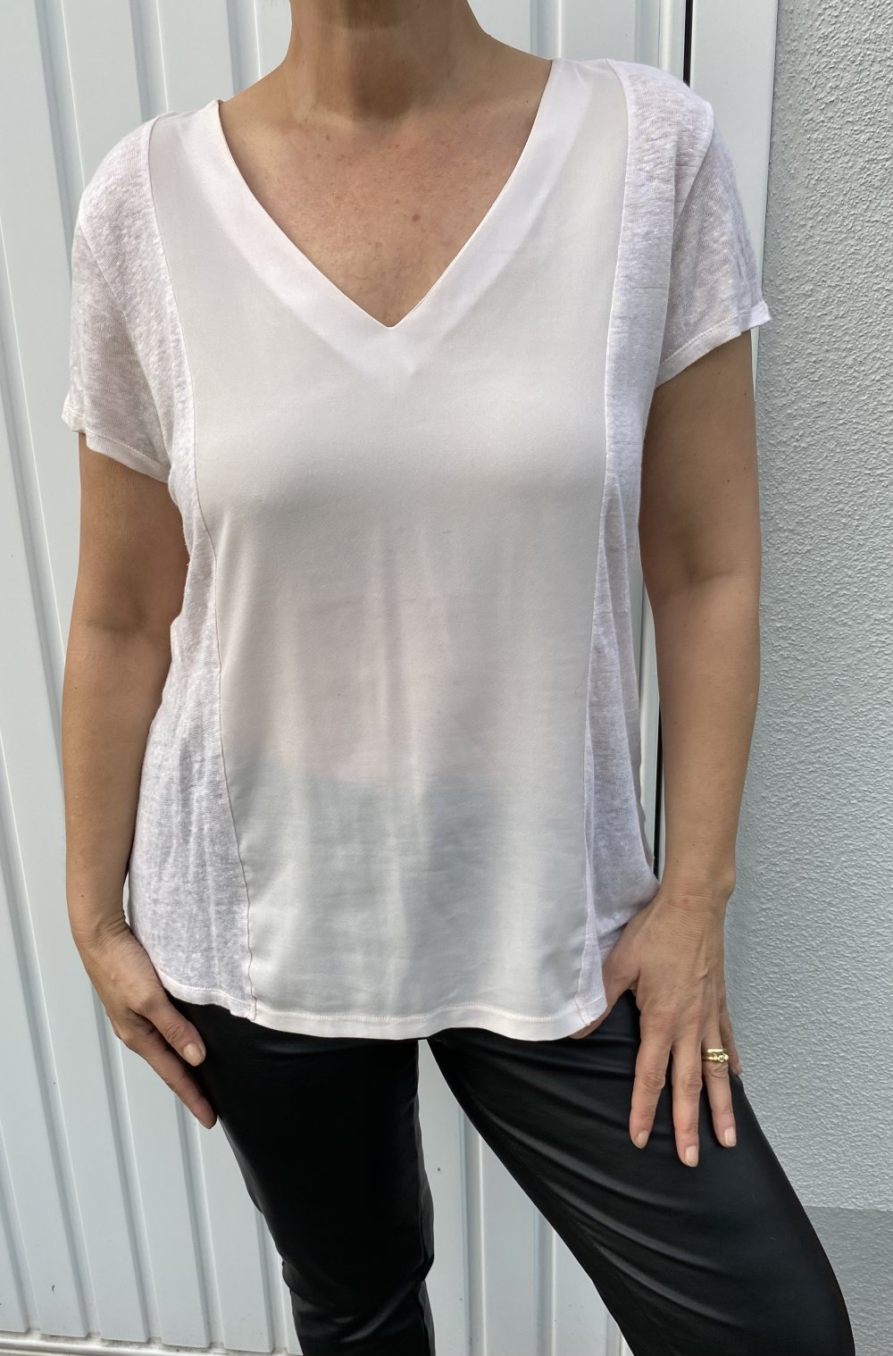 Esprit, T-Shirt, V-Ausschnitt, Materialmix, zartes rosé, Gr. XXL