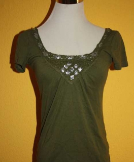 T-Shirt, Khaki, 36, S, Palietten, Rückenausschnitt, Vintage, Boho