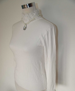 edler Rolli Pulli Weiß Spitze Stretch Barock Rüschen Volants Boho Vintage RollkragenPullover