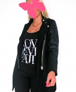 Biker Mantel Jacke PU Lederärmel Schwarz S 36