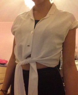 Weiße Bluse, Cropped, Knoten, Vintage, Maid