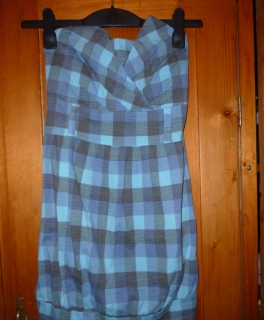 Kleid Bandeau Gr. S/M türkis grau blau kariert Rockabilly Ballon Minikleid