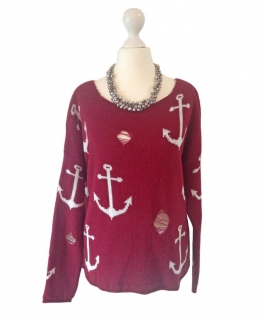 Strickpullover mit Ankern NEU bordeaux 34 36 38 S M L Destroyed Look Superbugs