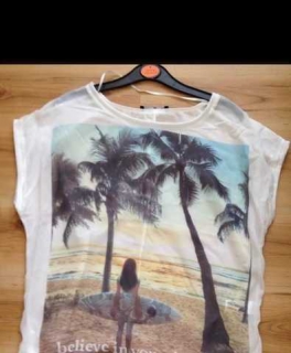 T-Shirt blogger primark neu xxs xs 32 34 lässig palmen foto print
