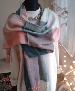 Großer kuschelweicher Vichy-Karo Schal Pastell Fransen Rosa Grün Creme