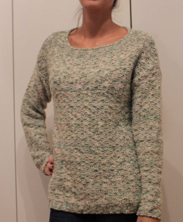 NEU! rundhals Strickpullover in türkis - beige - schwarz meliert