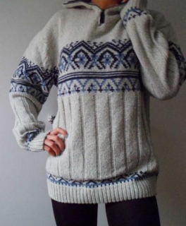 Vintage Norwegermuster Azteken Strickpullover Strick Pullover oversize creme/nude blau