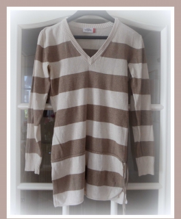 Naturweiß-braun gestreifter V-Ausschnitt Pullover von Gina Benotti 36 / 38