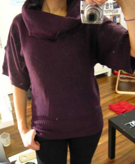 Lila Kurzarm-Pullover mit Wasserfallkragen, Fledermausärmeln, Wolle, Angora