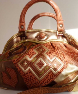 Vintage Handtasche Wendetasche Umhängetasche braun Leder optik gold