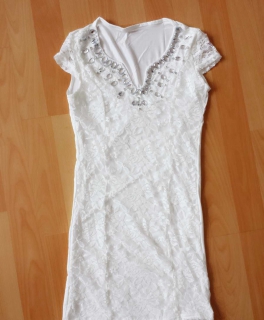 Weiß Spitzen Oberteil Shirt Kleid mit Strass