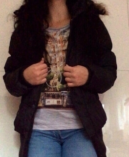 Grau Schwarze Winterjacke lang mit Gummibund