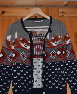 Strickjacke Fuchsmuster Caro blau grau rost rot