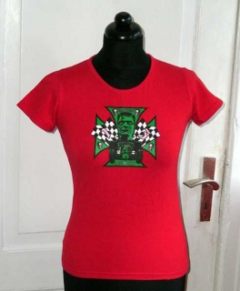Rockabilly rotes Liquor Brand T-Shirt mit Iron Cross Motiv S / 38