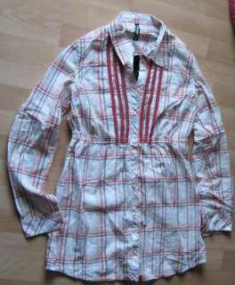 Karierte Longbluse mit Makramee-Spitze Gr.L 40/42 neu
