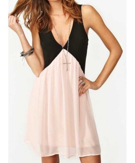 Kleid, Kontrast rosa/schwarz, tiefer V-Ausschnitt, Chiffon, M