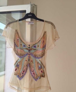 Premium Collection Handbestickt edel Butterfly Glitzer Perlen Top Glam Glamour nude transparent / Morgan Paris 