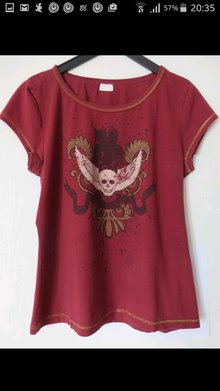 T-Shirt mit Totenkopf-Print & Flügeln Weinrot Gold