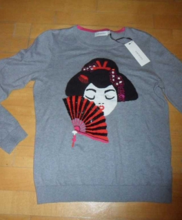 amphora Baumwoll Kaschmir Pullover M/L grau mit Geisha Motiv neu