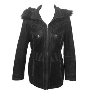 Wie NEU! Tolle, längere Lederjacke, tailliert mit Fell und Kapuze, Gr. 44