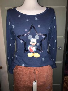 Stylische Bluse in gr M Farbe Dunkelblau Motiv Mickey Stern Paietten 